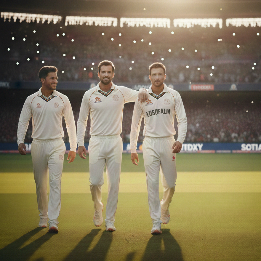Three cricket players walking on a field with stadium lights in the background
